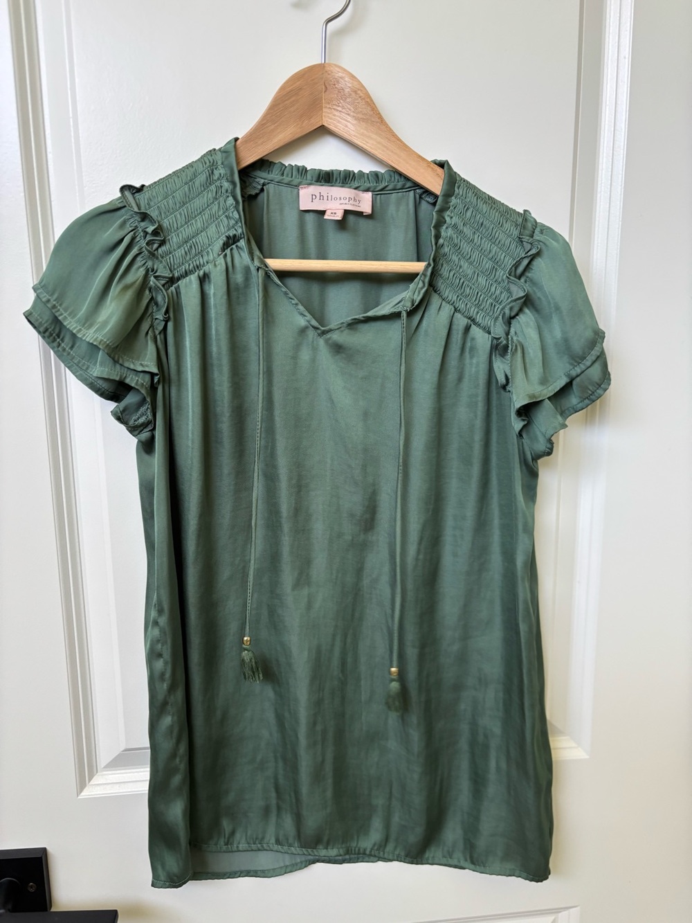 Philosophy Olive Green Smocked Ruffle Sleeve Satin Top Size XS